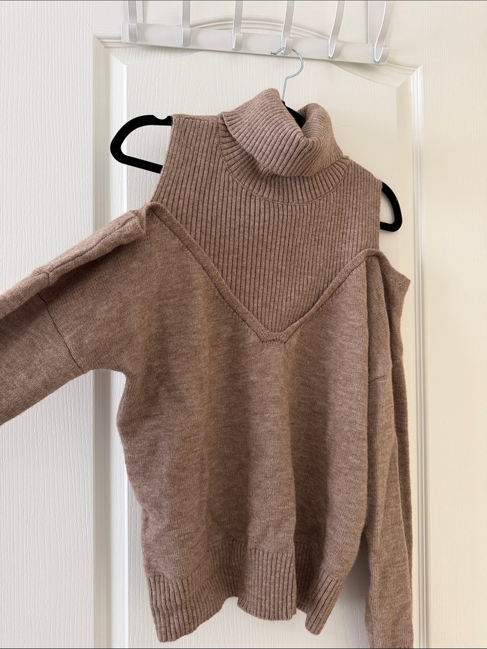 Cold-Shoulder Turtleneck Sweater in Taupe